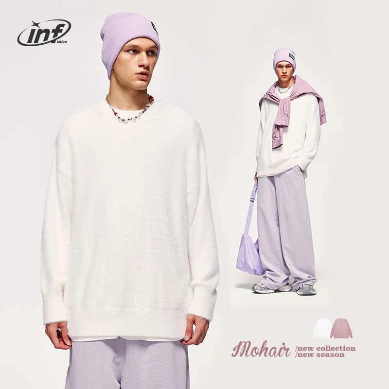 INFLATION Pink Mohair Knit Sweaters Unisex 2023 Autumn Winter Warm Comfortable Pullovers Couplewear Sweaters