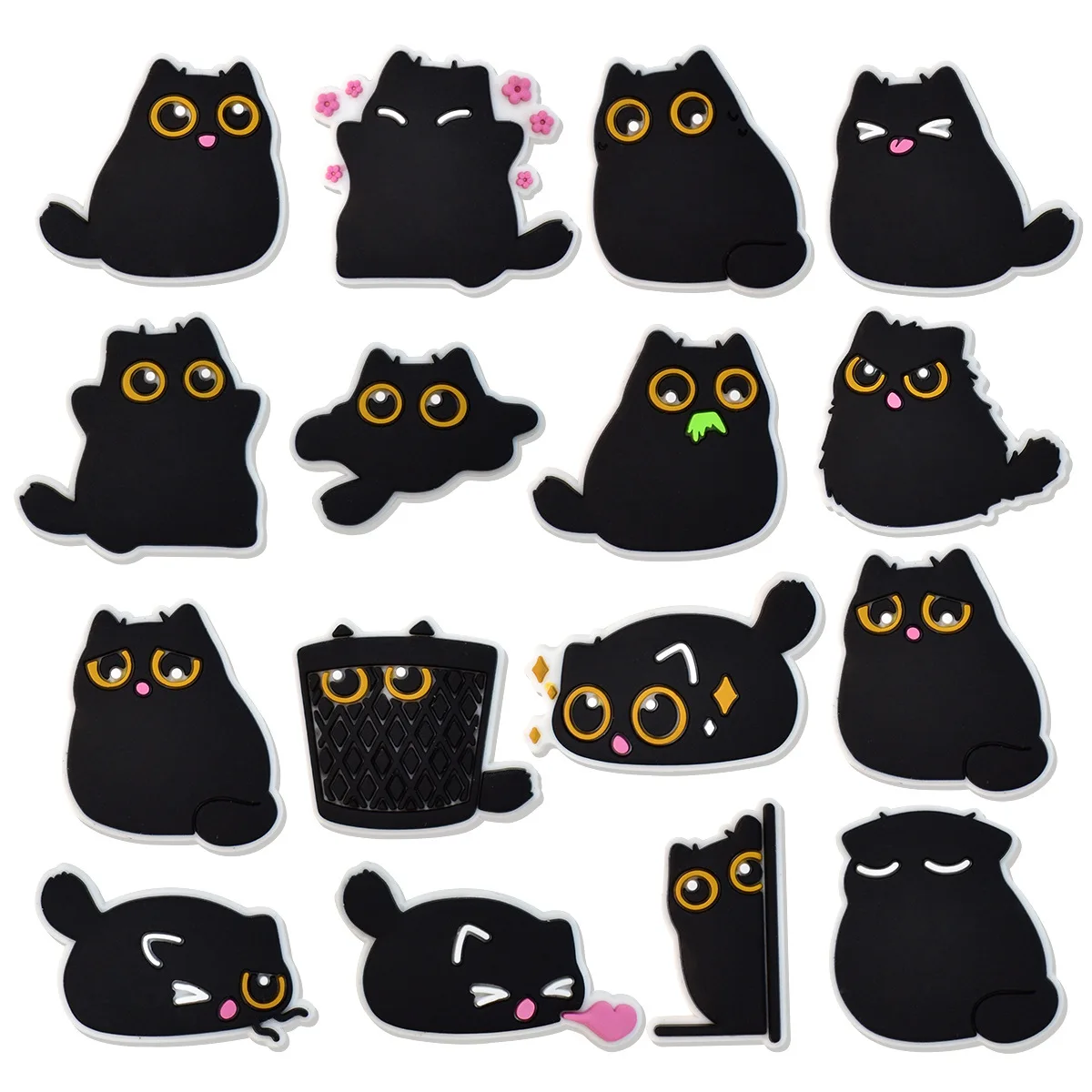 16 Stück süße schwarze Katzen-Serie Schuhanhänger für Slides Sandalen, PVC-Schuhdekorationen Zubehör für Weihnachten Geburtstag Geschenk Party