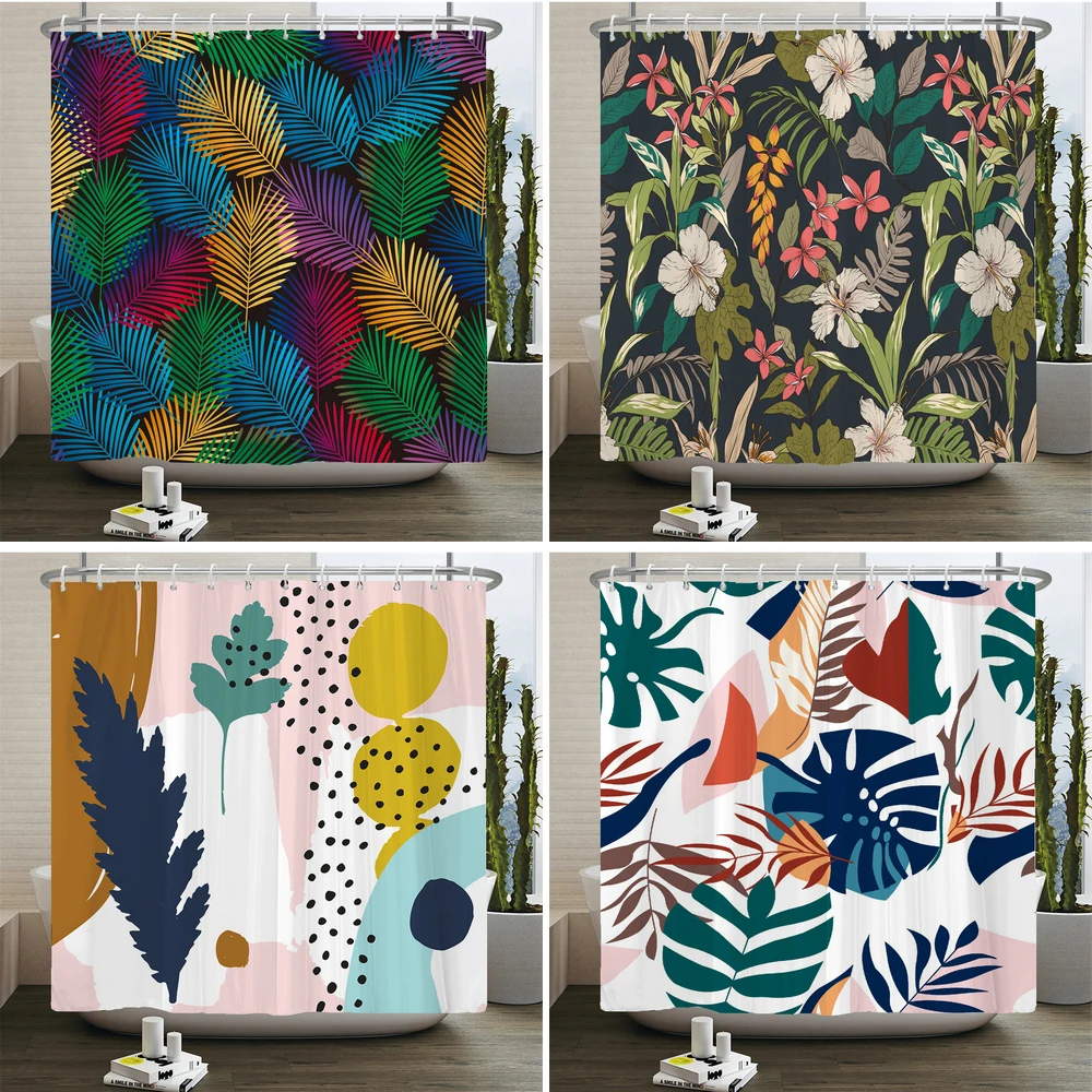 

Colorful Plant Leaves Bathroom Shower Curtain Boho Floral Living Room Curtain Polyester Fabric Decor Shower Curtains With Hooks
