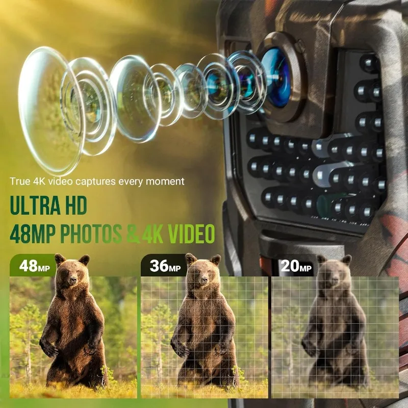 4K 48MP WiFi Trail Camera Bluetooth Game Night Vision 0.2sTrigger Motion Activated IP66 Waterproof Wide Angle Hunting Wildlife