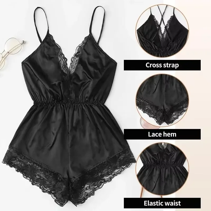 Women Suspender Pajamas V-neck lace patchwork one-piece sleeveless