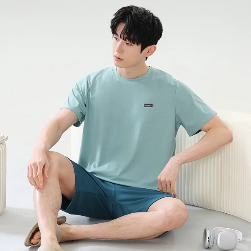 Men Summer Pajamas Pullover Short Sleeves Tops Shorts Sleepwear