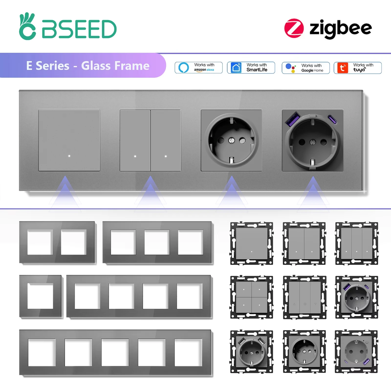 BSEED Zigbee สมาร์ทปุ่มสวิทช์ฟังก์ชั่นอะไหล่ Tuya Alexa ควบคุม EU ซ็อกเก็ตอะไหล่แผงกระจก DIY อุปกรณ์เสริม 1