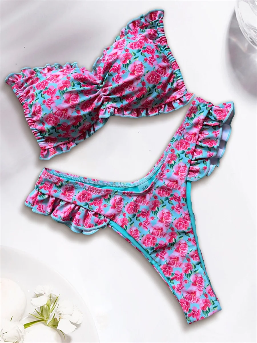 Stylish Women s Tropical Print Bikini Set with Adjustable Tie Back and Halter Neck Chic Two Piece Swimsuit for Summer Beachwear