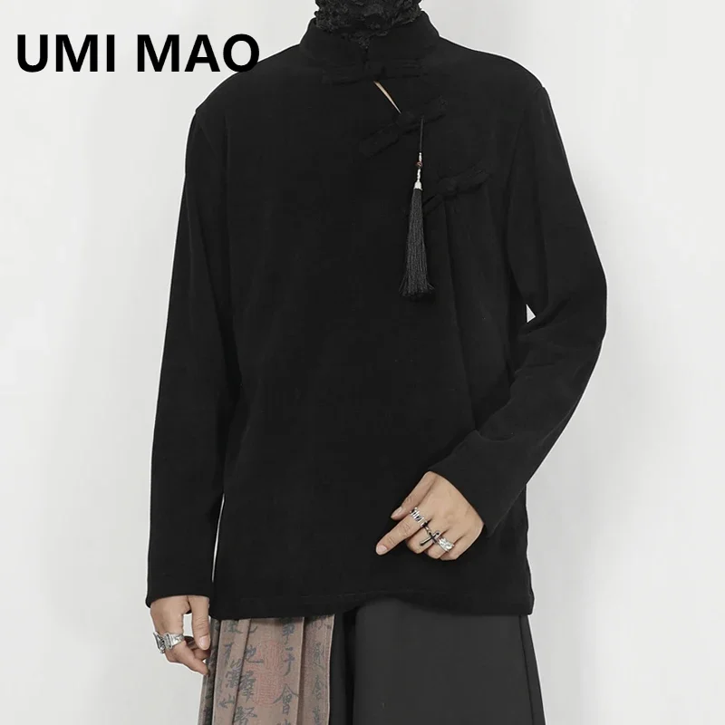 

UMI MAO Original Men's Clothing Retro Top New Chinese Style Buckle Stand Collar Slanted Placket Pullover Long Sleeved Shirt