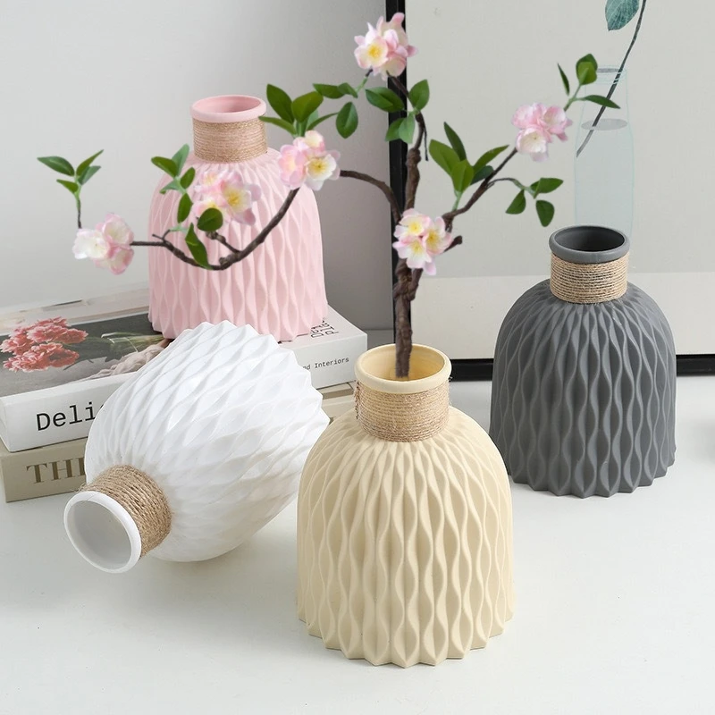 Pineapple Pattern Twine Imitation Ceramic Plastic flower vase Simple Water Wave Pattern Flower Arrangement Vase 1PC