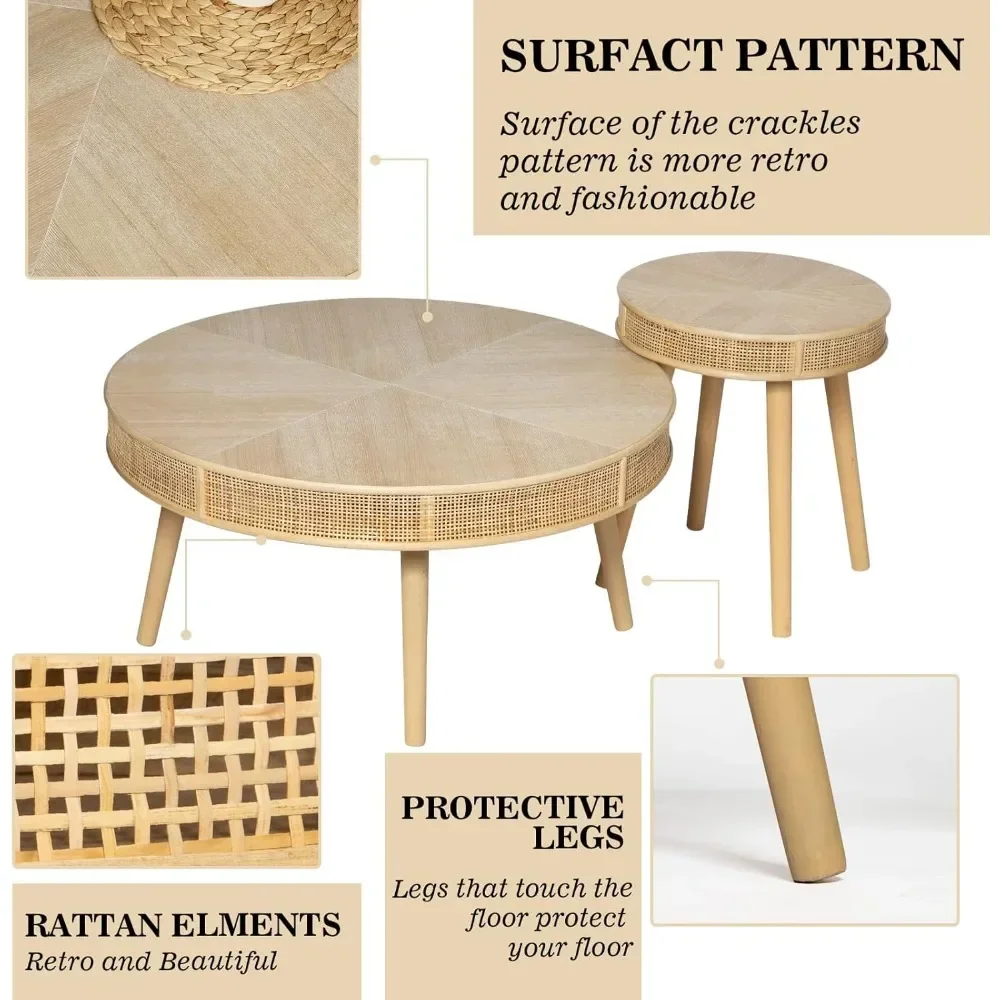 Farmhouse Round Coffee Table 2Pack, Rustic Sofa Side Tea Tables Nesting Center Table Set with Handmade Rattan for Living Room 5