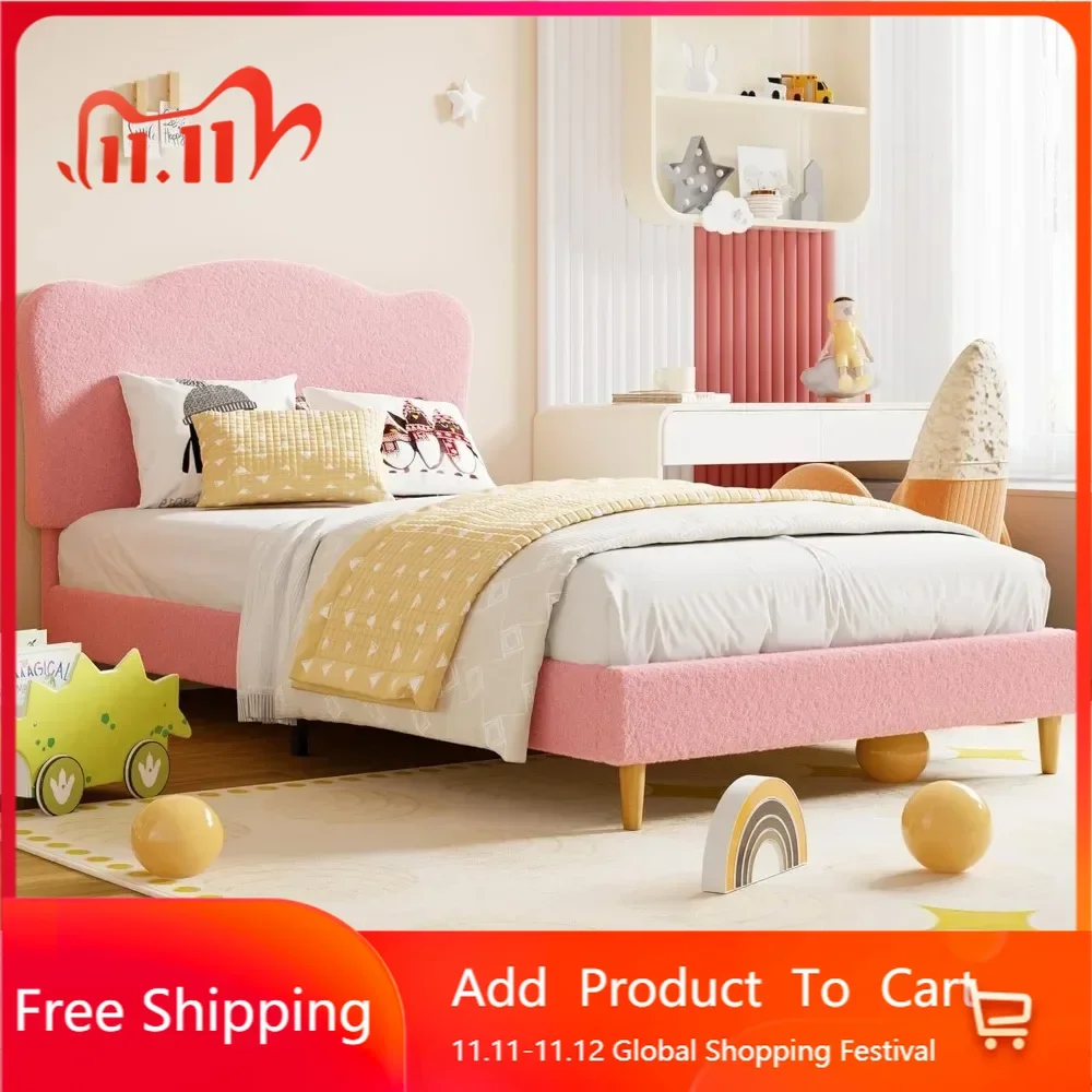 Upholstered Twin Size Bed Frame for Kids with Scallop Headboard, Cute Velvet Twin Bed for Girls, Boys, Sturdy Platform