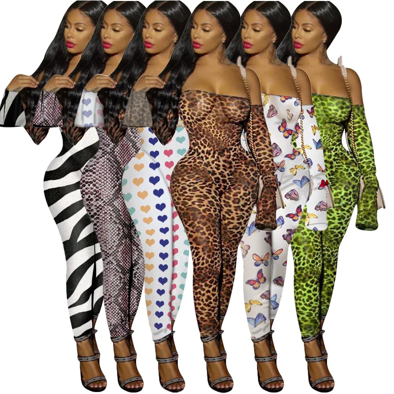 

Women Sexy Off Shoulder Bodycon Jumpsuit Green Leopard Ladies Casual Long Sleeve Nightclub Outfit Strapless Rompers Streetwear
