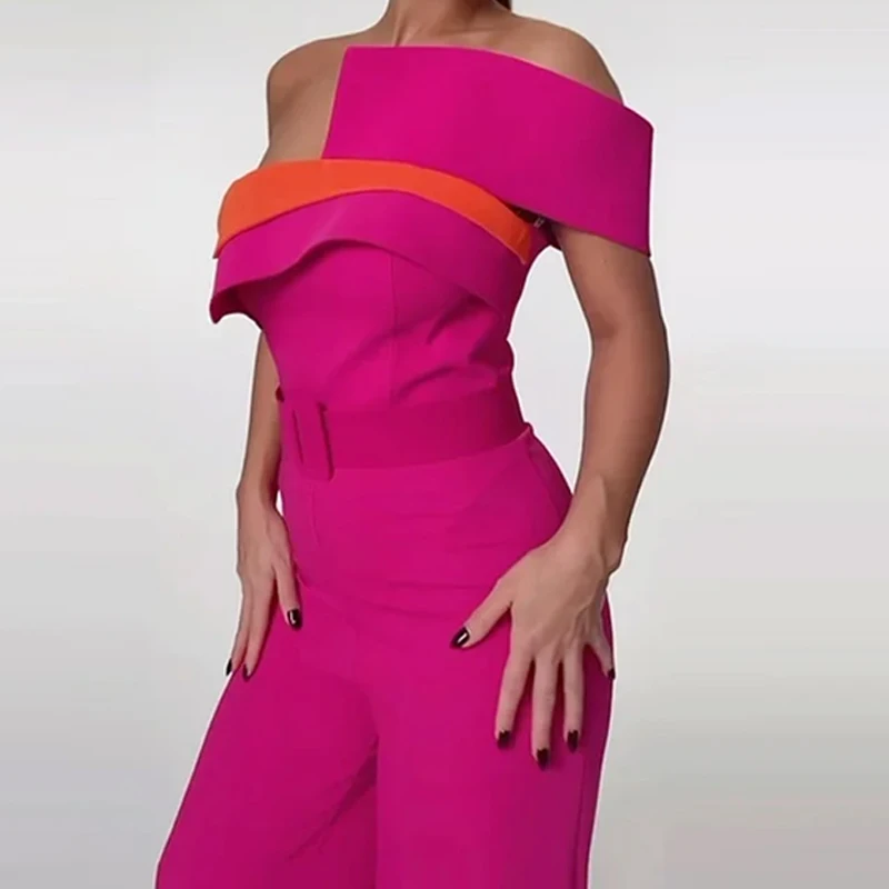 Wefads Jumpsuit Women Elegant Solid Sleeveless Strapless Irregular Nipped Waist Slim Backless Loose Wide Legs Pants With Belt