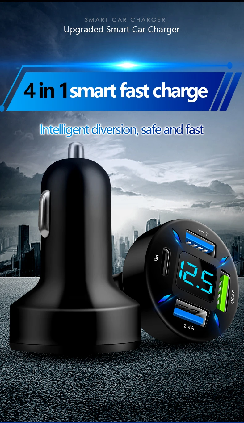 66W 4 Ports USB Car Charger Fast Charging PD Quick Charge 3.0 USB