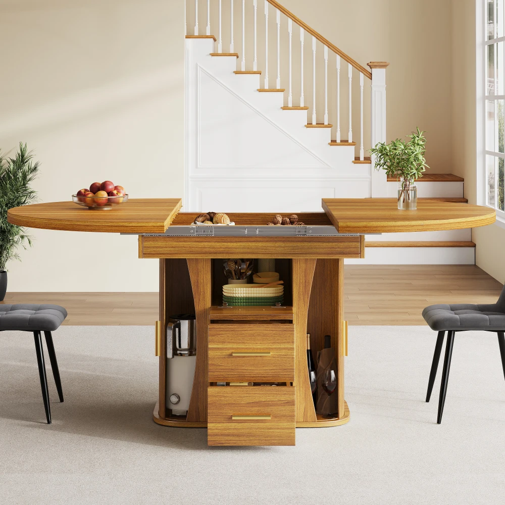 Moderner Ausziehbarer Esstisch Rund Umwandelbar in Oval Holz 118-158cm 6-Sitzer Küchentisch mit 3-stufigem Stauraum – Detail 7