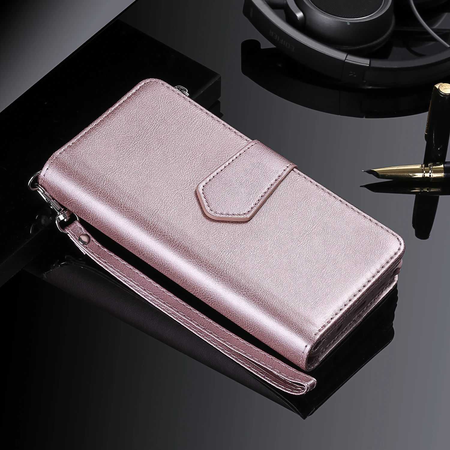 Zipper Leather Wallet with Magnetic Detachable Case and Card Slot Cover