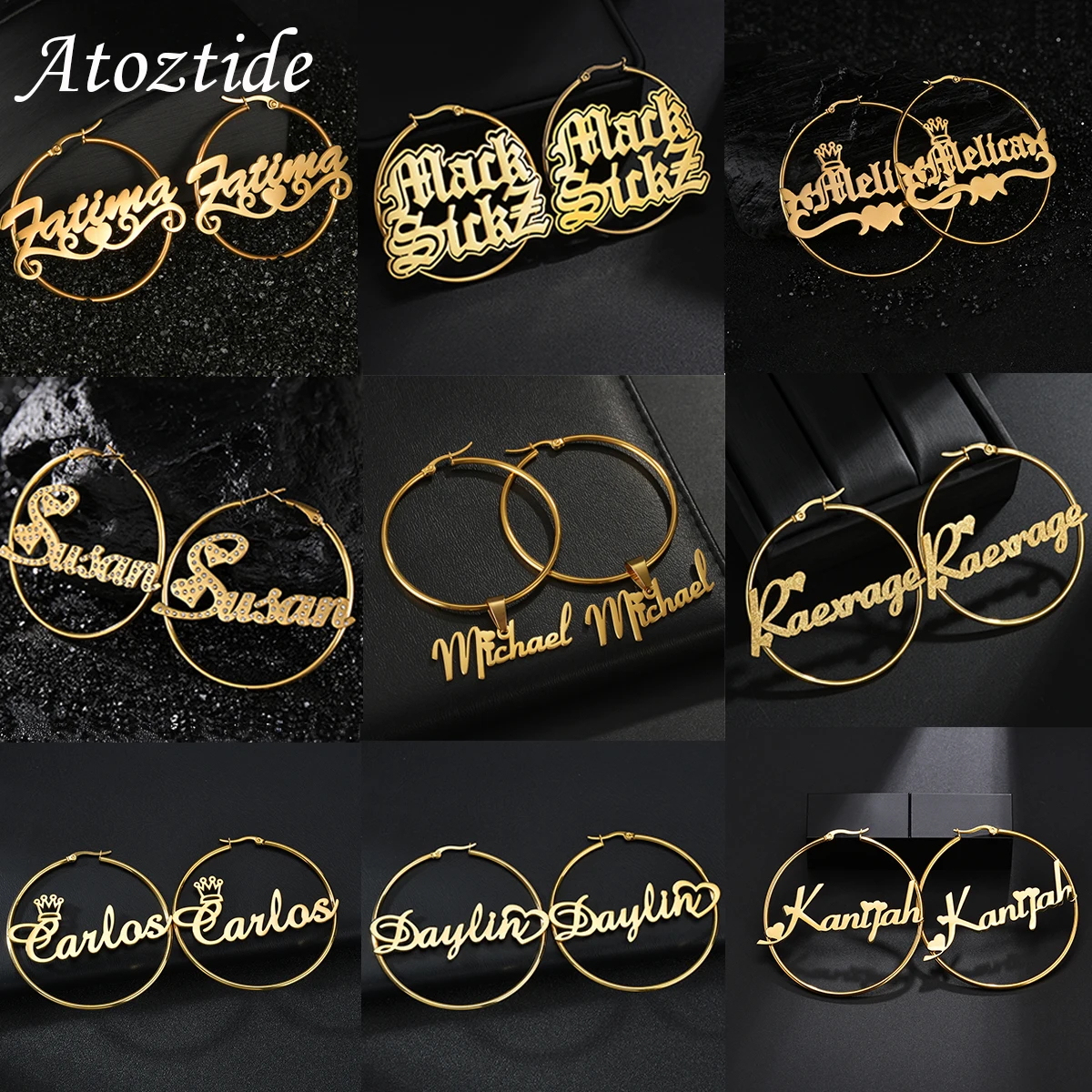 Atoztide Personalized 50mm Custom Name Earrings For Women Stainless Steel Heart Crown High Quality Weddings Party Jewelry Gift 20th century steel band warm heart cold steel 1 cd