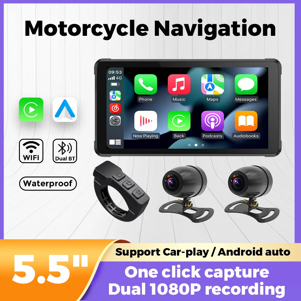5.5 Pollici Carplay Moto Ip67 Navigazione Moto Impermeabile Dual Bt Canali Per Wireless Carplay Android Auto Dual Recording Cam