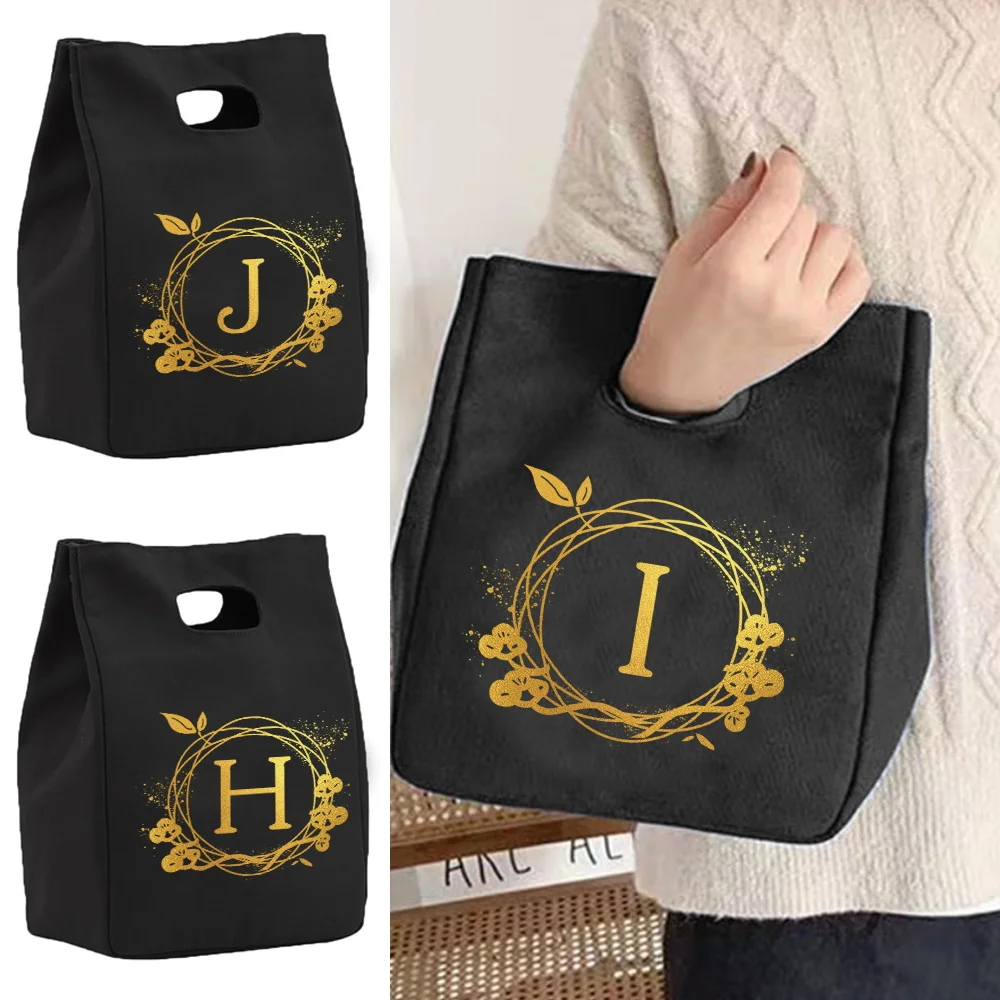 

Insulated Lunch Bag for Women's Cooler Bag Portable Canvas Bento Tote Thermal School Picnic Storage Pouch Wreath Letter Pattern
