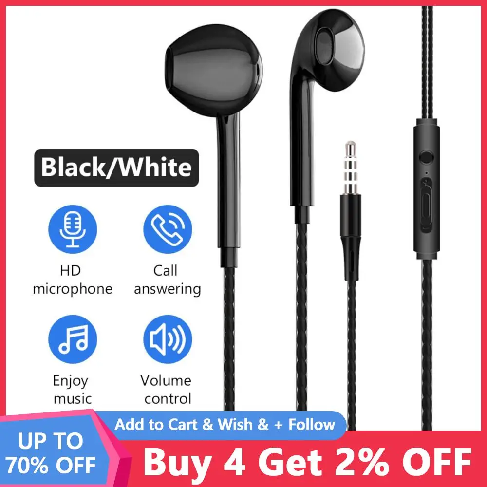 Wired Earphones In-ear Bass Stereo Mobile 3.5mm Sport Earbuds with Built-in Microphone for Smartphones