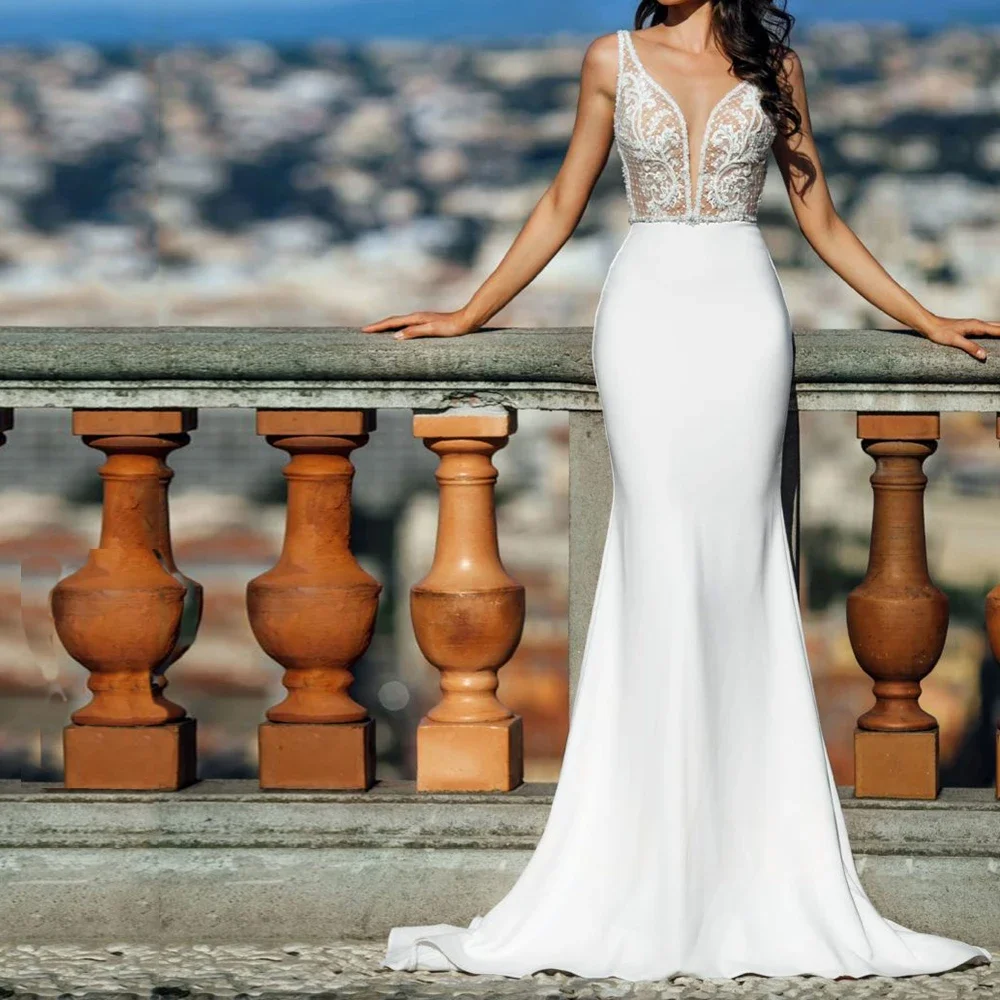 

Sexy Deep V-Neck Wedding Dresses 2023 Lace Appliques Sequined Long Bridal Gown Simple Mermaid Sleeveless Backless Robe de soiré