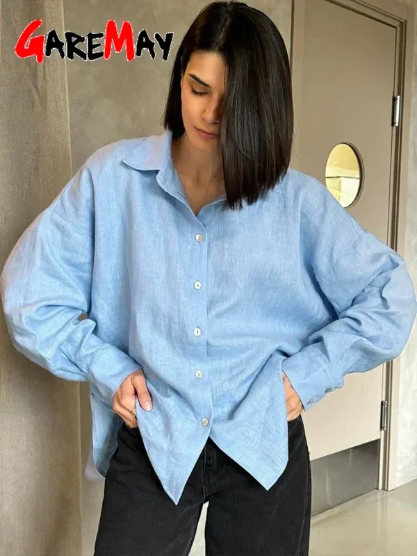 White Women's Linen Shirt Long Sleeve Elegant Pink