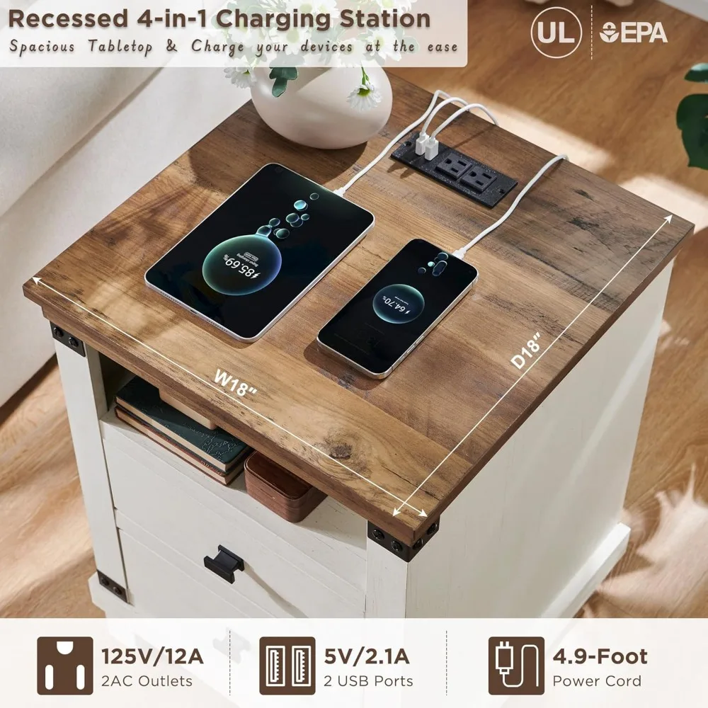 Farmhouse Nightstand with Charging Station,18" Rustic Night Stand with 2 Storage Drawers,Wood End Table for Bedroom, Living Room 4