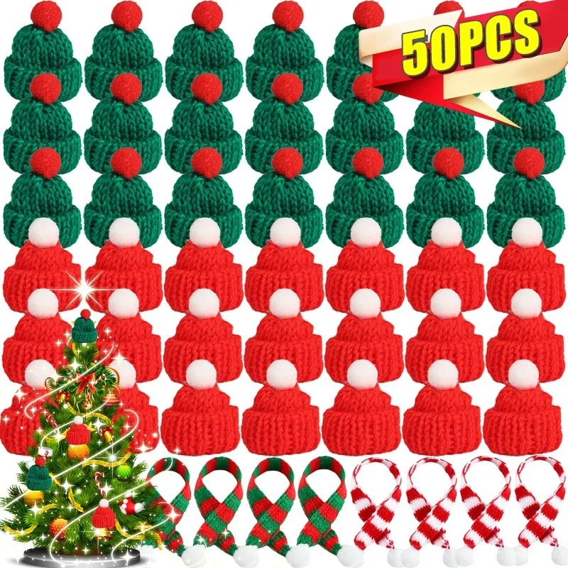 50/10Pcs Mini Santa Hat Red Knitting Cap Cat Rabbit Doll Lollipop Wine Bottle Covers Xmas Bottles Holder Table Dinner Decor christmas beanie hat