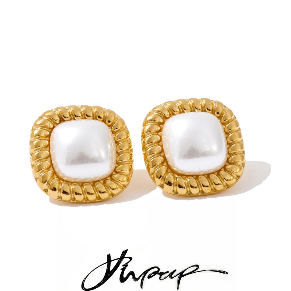 Yhpup Simulated Pearls Square Stud Earrings Stainless Steel
