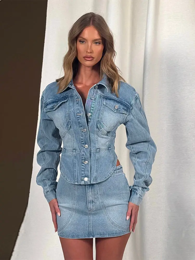 Denim Coat Mini Skirt Sets Women Slim Single Breasted Lapel