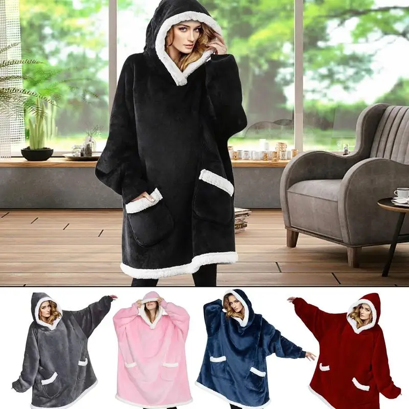 Winter Hooded Blanket With Sleeves For Adult Flannel Wearable Blanket