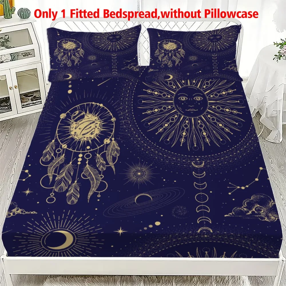 1 Navy Gold Celestial Dreamcatcher Print Fitted Sheet Deep Pocket Elastic Mattress Cover Single Double Queen King Bedroom Decor