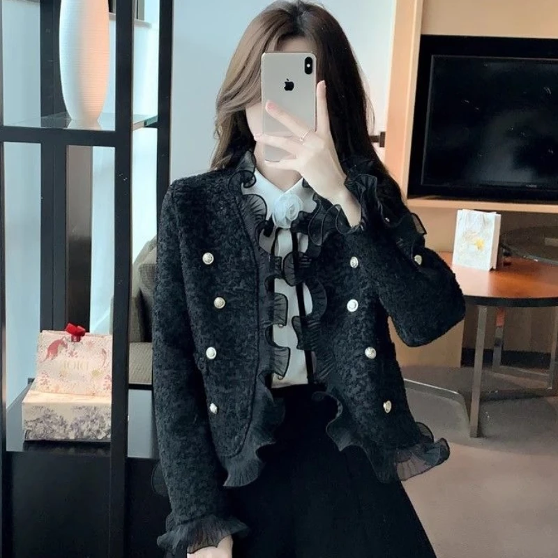 V-neck Joker Temperament  Outwear Small Fragrance Autumn Winter Coat Women Short Coat Yarn Edge High Sense Lace Cardigan Jacket