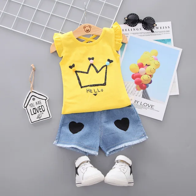 Summer Cute Cartoon 2PCS Kids Baby Girls Floral T-shirt Top Shorts Pants Set Clothes Girls Clothing Sets HuangGuan-yellow