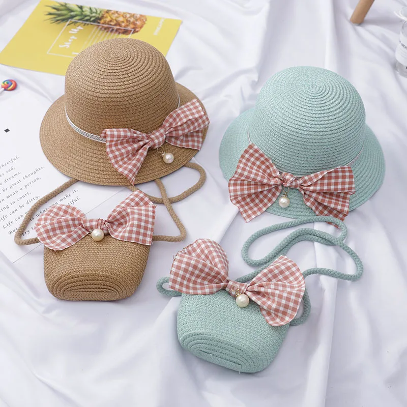 

2023 New Girls Big Brim Summer Straw Woven Sun Protection Beach Hat+ Portable Handbag Baby Bow Pearl Leisure Vacation Cap2-8 Age
