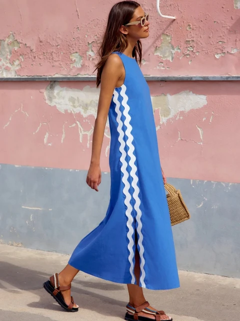 Summer Solid Patchwork Loose Midi Dress Women Casual O-neck Sleeveless Split Vintage Dress Female Beach Holiday Sundresses 2025