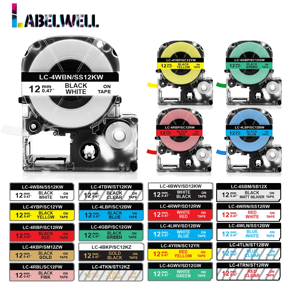 

1Pcs SS12KW Label Compatible for Epson Kingjim LW-300 LW-400 Label Maker for Epson SS12KW LC-4WBN SS9KW SS6KW SC12YW Label Tape