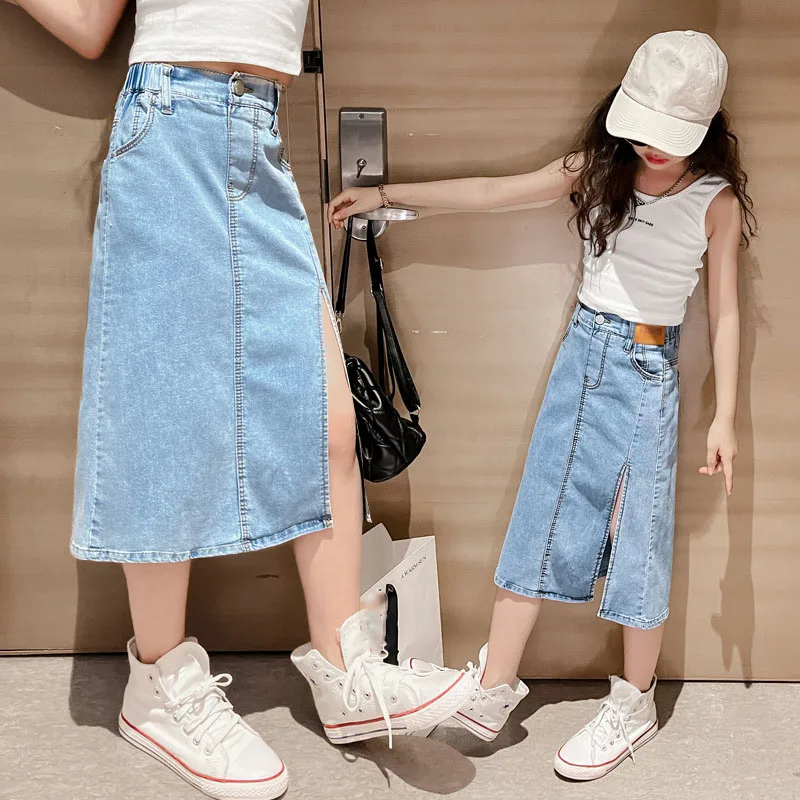 Girls\' Denim Skirt 2022 New Children\'s Skirt Summer Half Split Skirt Big Kids Bomb Street Skirt Children\'s Slim Half Skirt