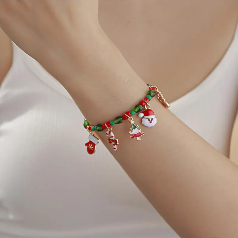 Christmas Elk Santa Claus Snowflake Pendant Bracelet for Women Christmas Days Celebration Beads Chain Party Jewelry Gifts