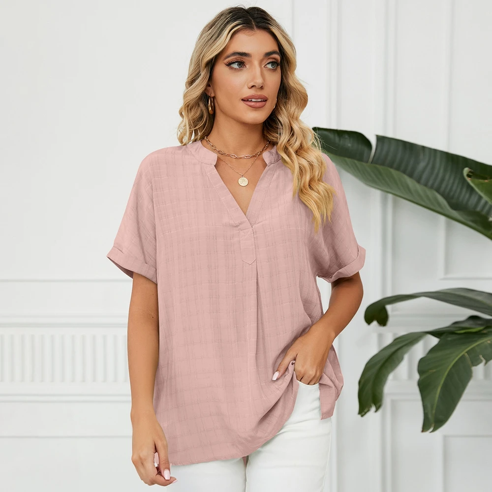 

Fashion Thin V-neck Casual Female Tops Short Sleeve Pullover Solid Color Loose T Shirts Women's Streetwear Summer Tees