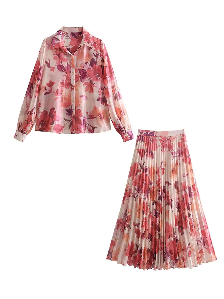 TRAF 용수철 여름 여성 꽃 프린트 블라우스 스커트 세트, 캐주얼 싱글 브레스티드 상의, A 라인 플리츠 스커트 슈트, 2024 패션 