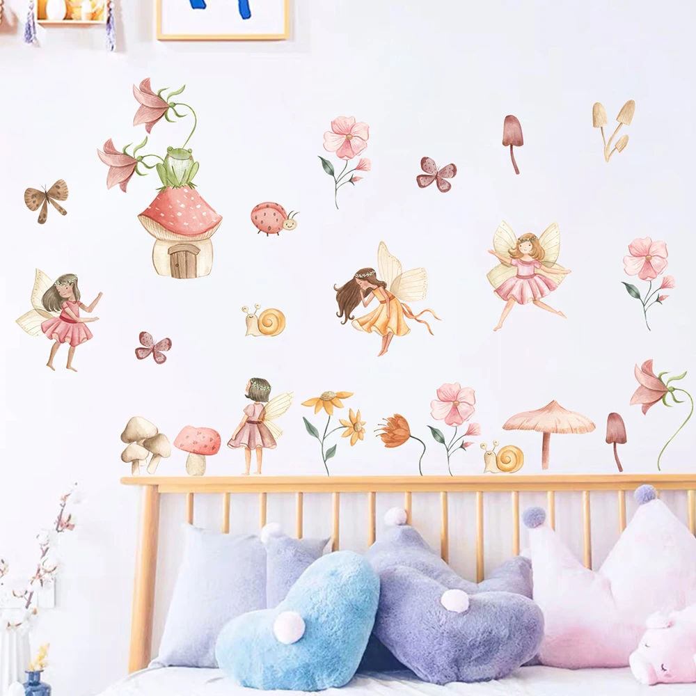 

Cartoon Lovely Pink Flower Fairy Mushroom Butterfly Various Plant Wall Sticker Kids Room Bedroom Cabinet Door Decor Decal Poster