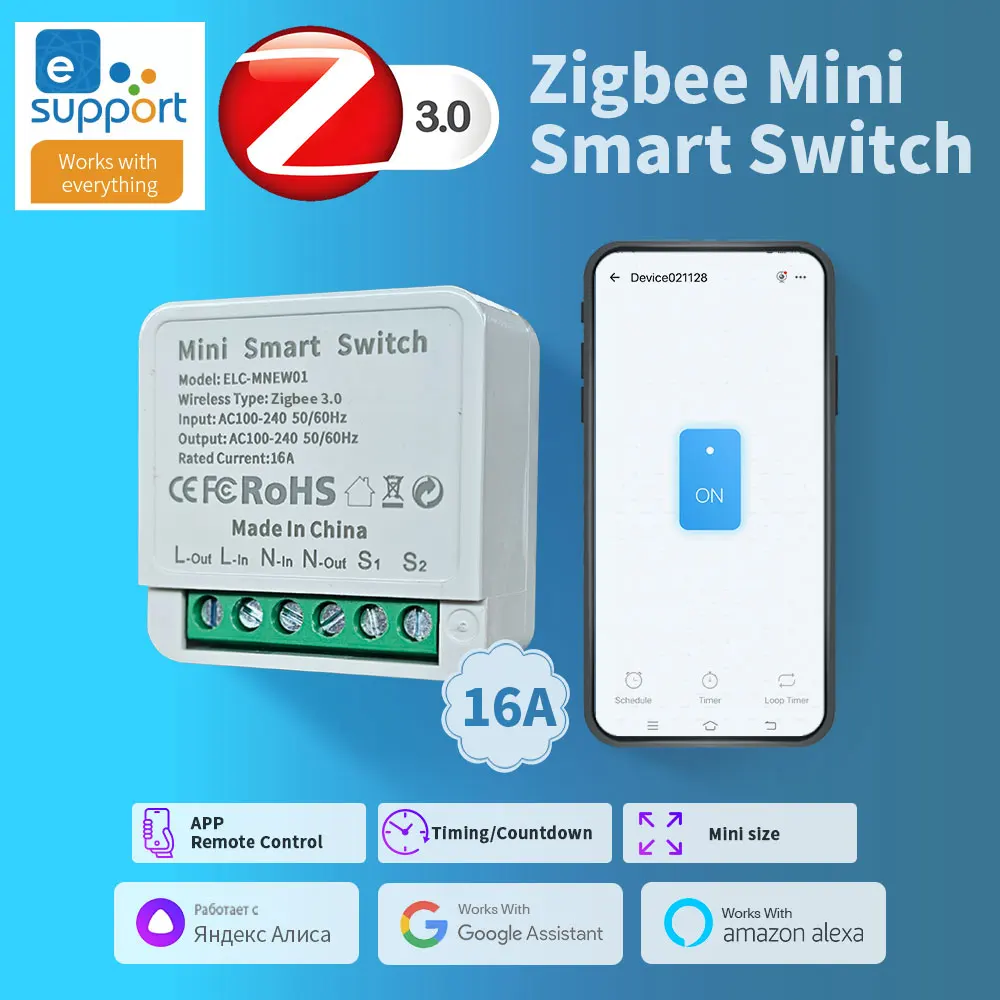 ELIVCO ZigBee Mini Smart Switch 16A, two way control circuit breaker voice control eWelink support Alexa Google Home Alice Smartthings