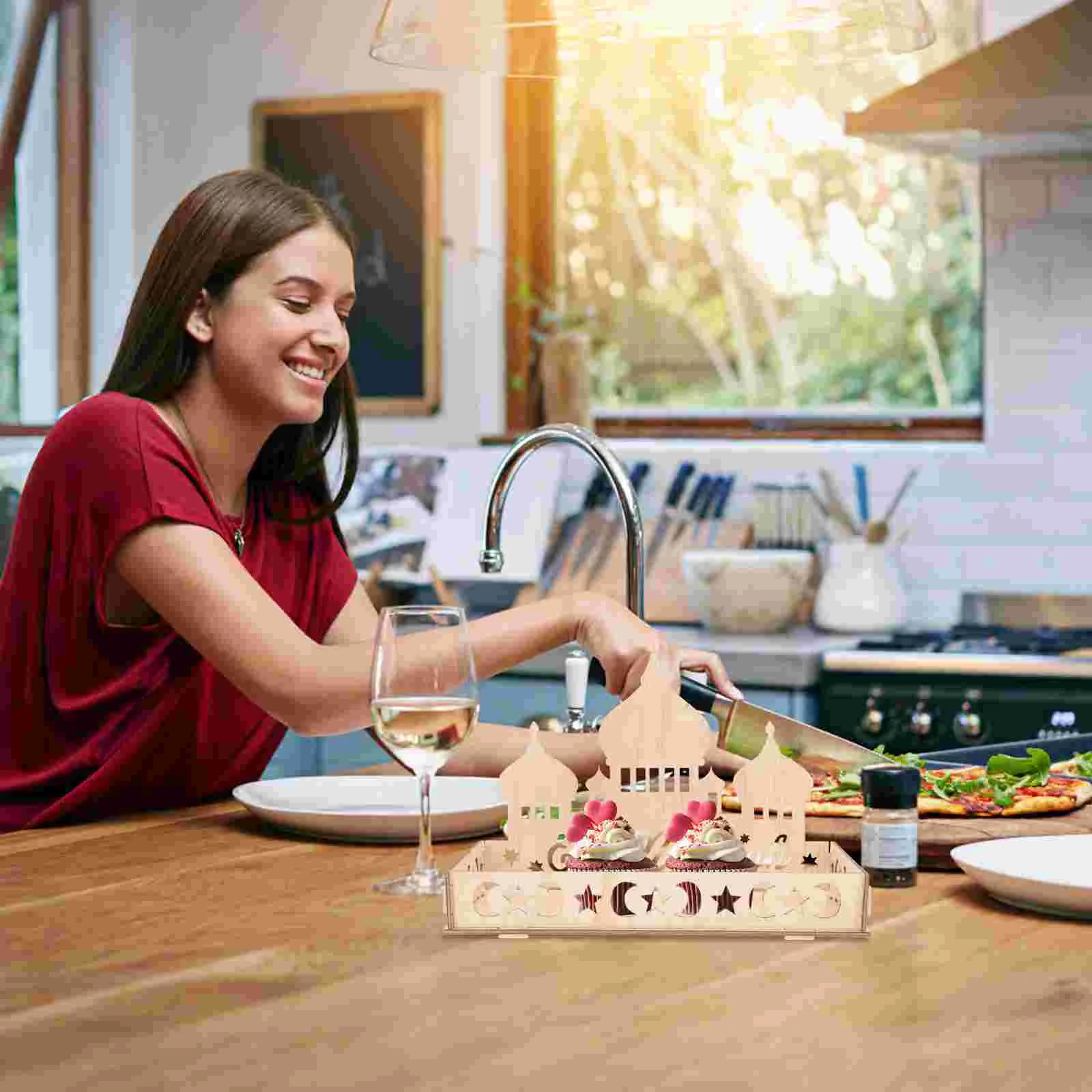 Wooden Dessert Box Tray Elegant Eid Design Wooden Serving Tray Ramadan Decorations Home Decor Items Bowls Plates Trays 5