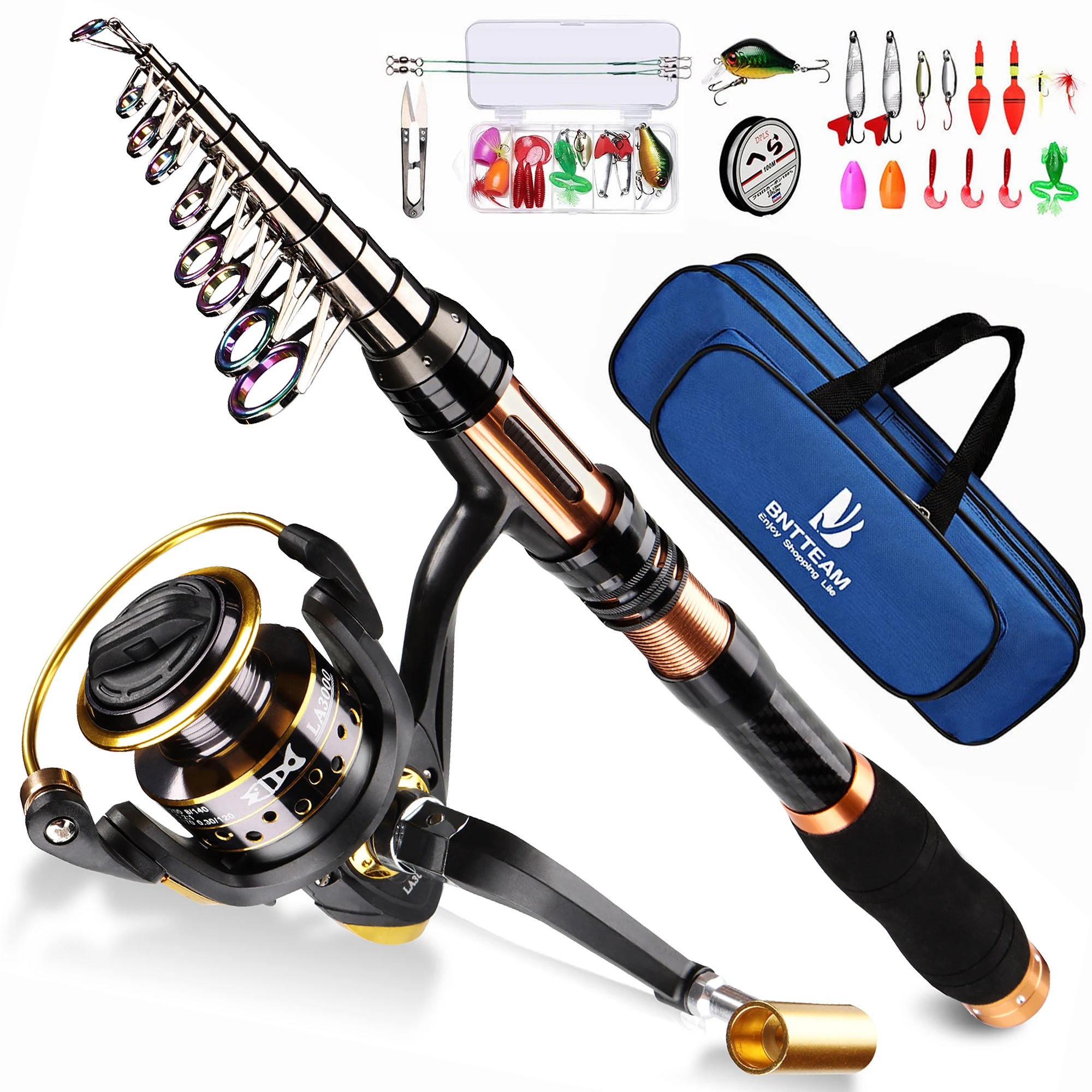 BNTTEAM Fishing Spinning Reel Rod Combos Carbon Telescopic Set with Bag