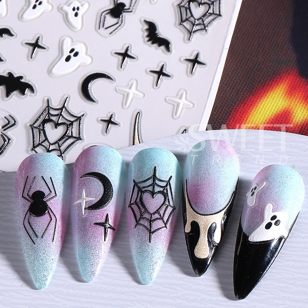 2/3pcs 5D Halloween Nail Stickers Heart Spider Webs Bat Skull Star Self-Adhesive Decal Sliders For Manicure Nails Supplies Decor