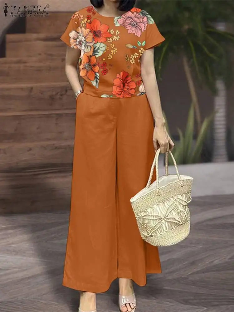 

Модные Праздничные комплекты, свободные женские костюмы ZANZEA с цветочным принтом, спортивный костюм из 2 предметов, летние комплекты с блузкой и брюками с коротким рукавом