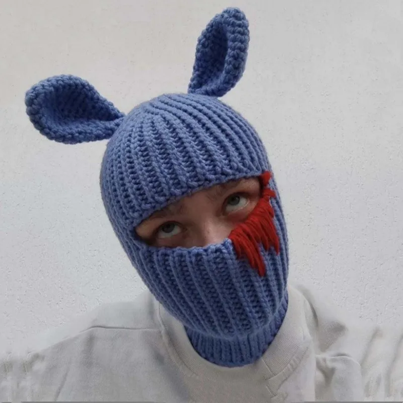 thumbnail image 1 of Pasamontañas de punto unisex para Halloween, gorro de lana con protección para las orejas, cálido, con dibujos de conejo, para invierno, hecho a mano, 1 of 5