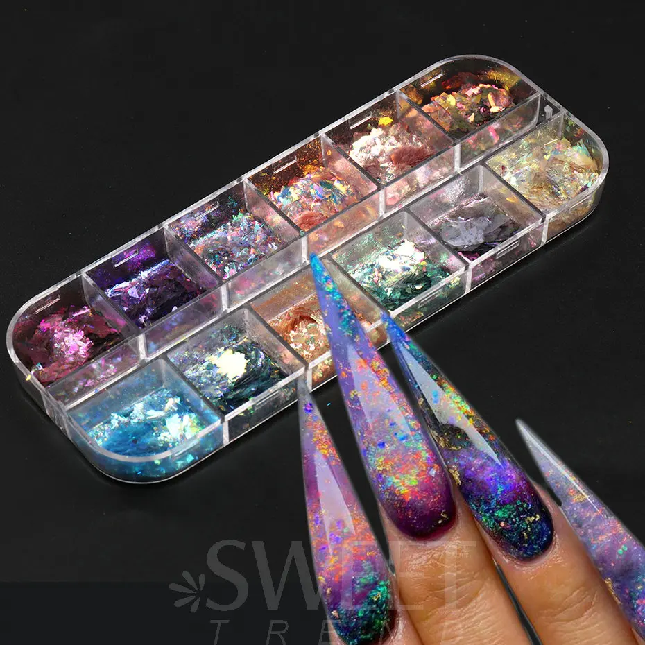 12Grid Aurora Ice Crystal Opal Powder Nail Glitter Iridescent Dust Charm Nail Flakes Slice Sparkly Brocade Sequin Manicure BEYFH