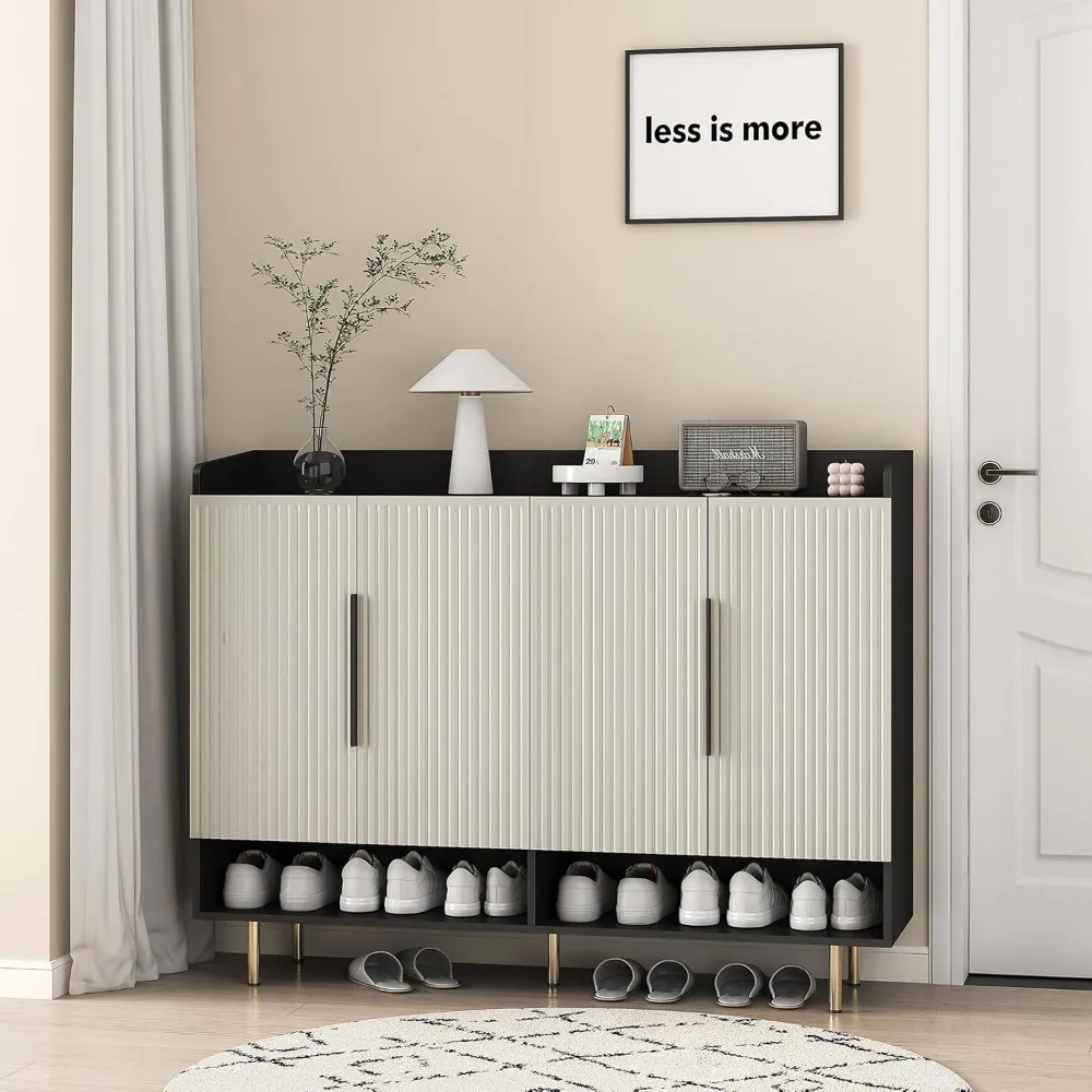 Shoe Storage Cabinet Open Compartments, Free Standing Shoe Rack 4 Doors and Adjustable Shelves Sideboard Cabinet