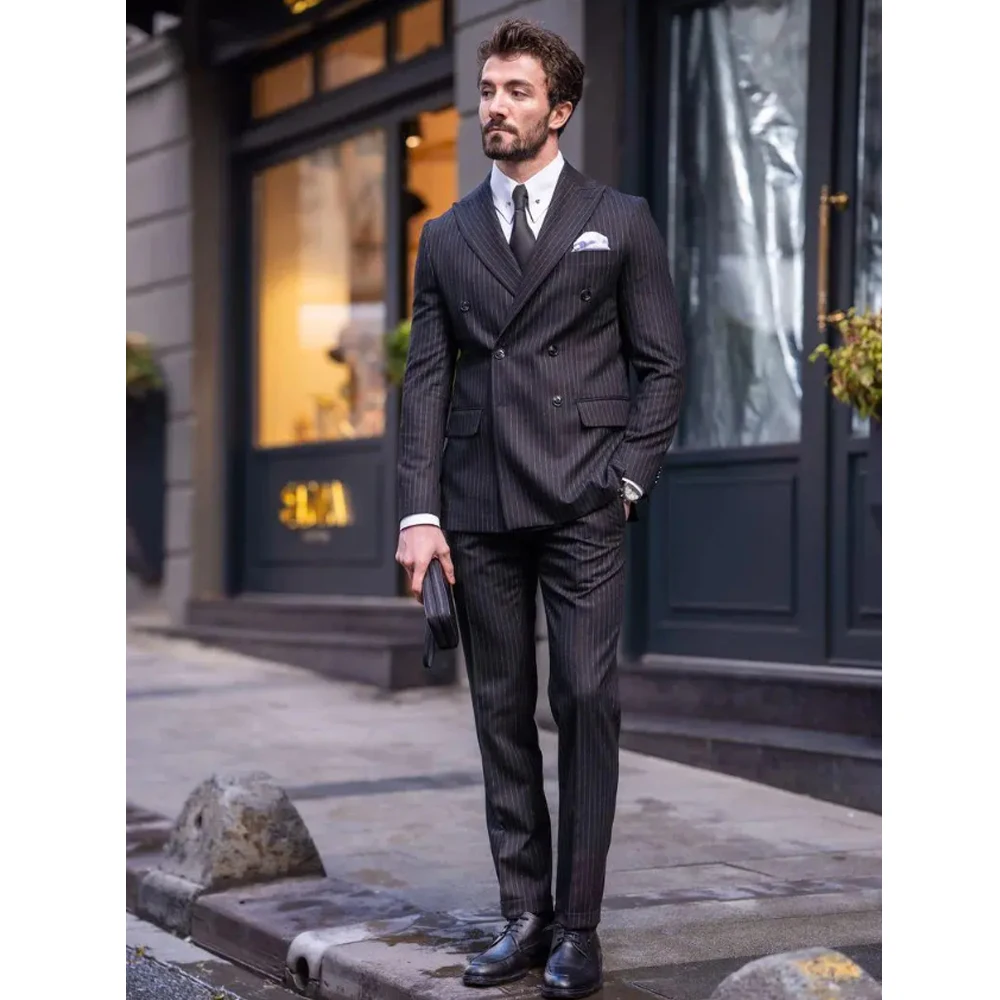 Business Gentleman Black Suits For Men Double Breasted Notch Lapel Two-pieces (Jacket+Pants) Striped Suits Smart Causal Outfits