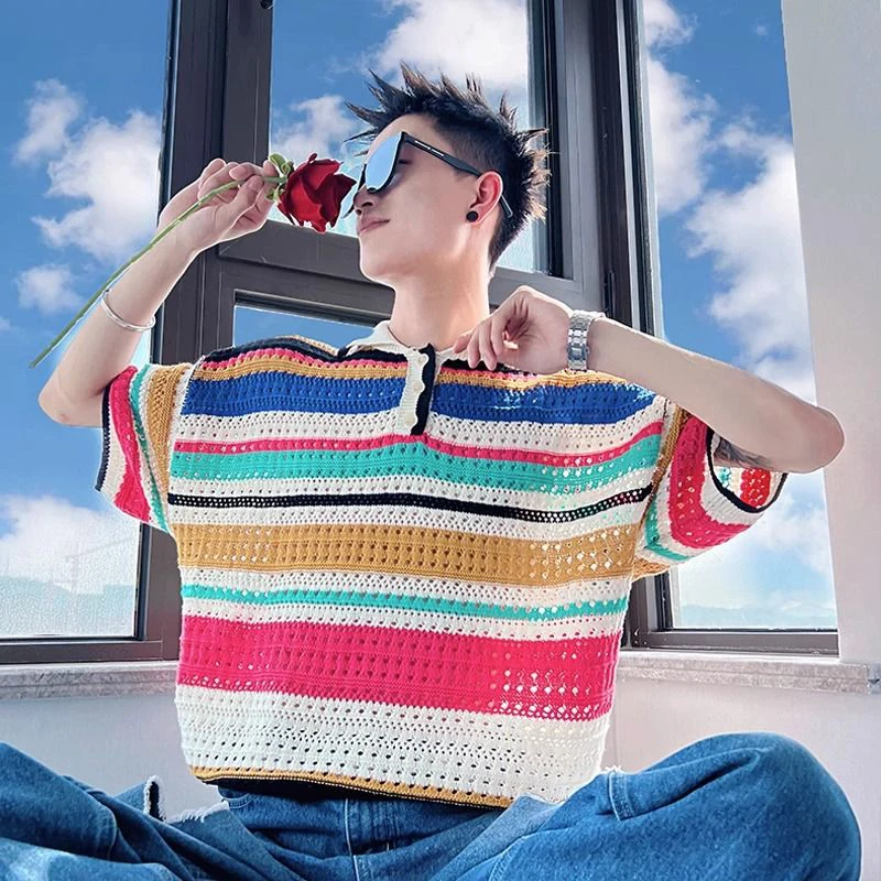 

Multiple Colour Rainbow Striped Oversized T Shirt Short Sleeve Polo Summer Harajuku Fashion Trend Thin 2023 New Beach Streetwear