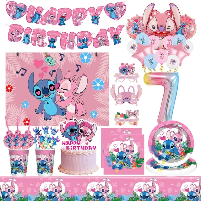 Décoration de fête d'anniversaire Disney Lilo Stitch, ensemble de vaisselle à thème pour enfants, ballons d'ange, fournitures de bannière heureuse pour faveur de fille 6